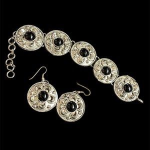 Tribal Silver and Black Onyx Bracelet and Earring Set